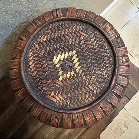Vintage‎ Bamboo Woven Round Basket with Diamond-Weave Attached Lid Black Lining - Picture 4 of 16